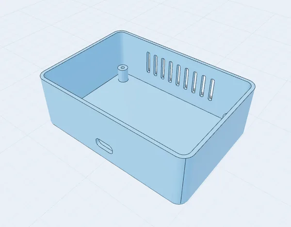 3D printable electronics enclosure, 100 x 70 x 35 mm, with screw posts, a USB-C cut-out and vent slots, modelled in a browser CAD editor