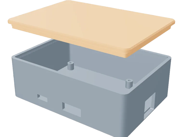 Electronics enclosure with USB-C, HDMI and RJ45 cutouts, lid lifted above the standoffs