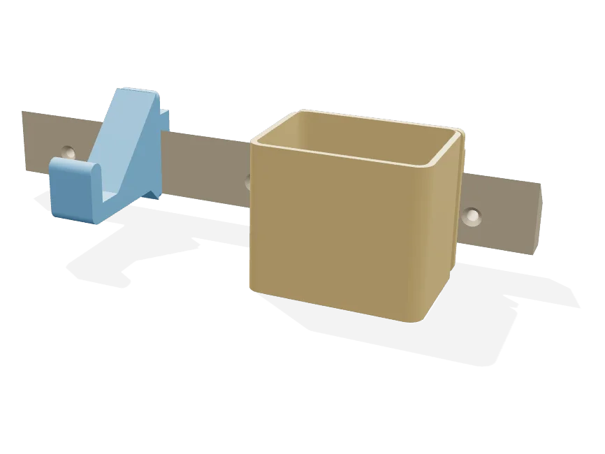 French cleat rail with a hanging bracket and tool cup