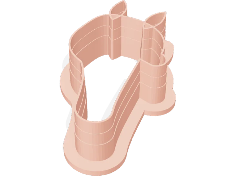 Cookie cutter in the shape of an alpaca head with a press flange and stepped blade