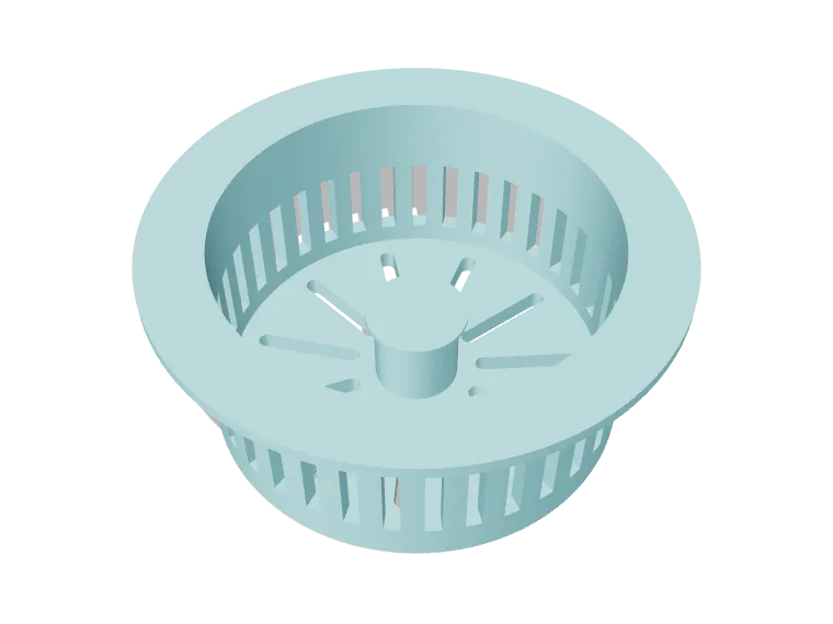 Light teal 3D printed drain hair catcher basket with radial slots in the floor, slots in the wall and a centre knob