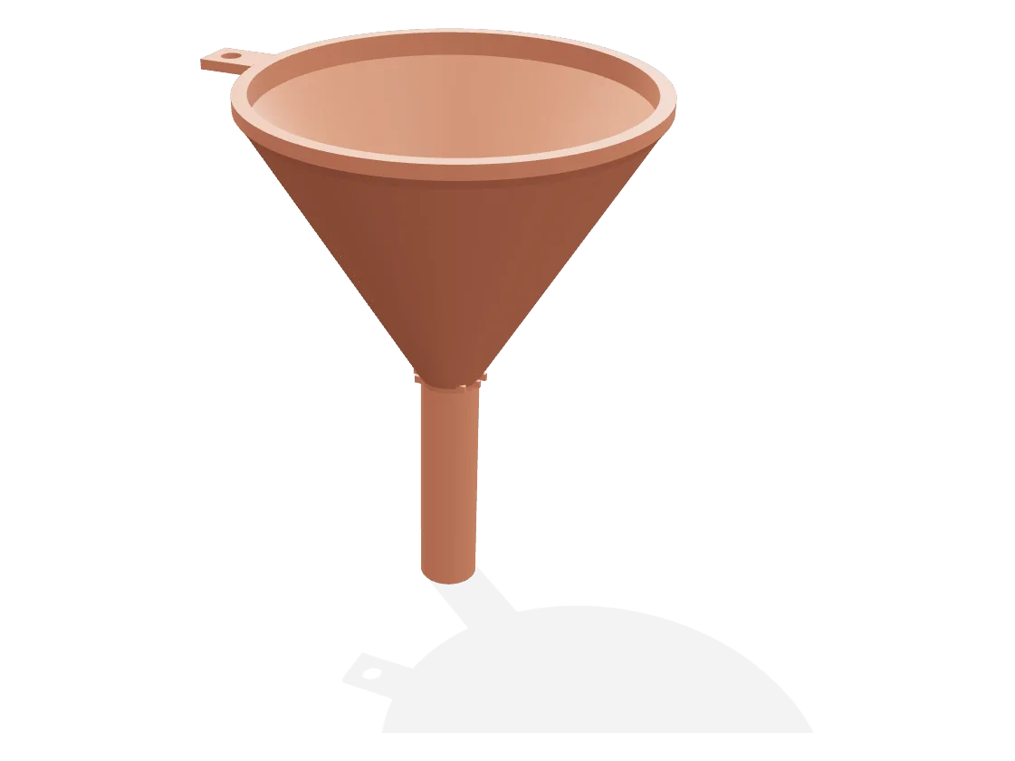 Funnel with a hanging eyelet on the rim and a long spout