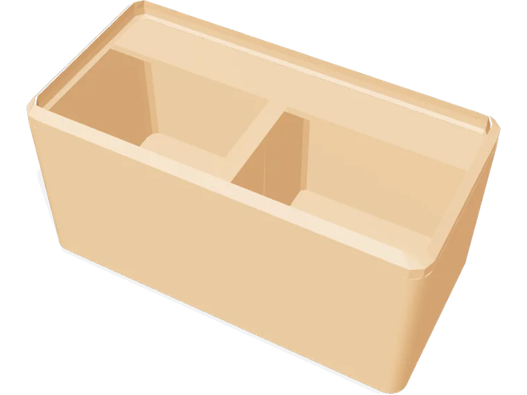 Gridfinity bin with two compartments, scoop fronts and a stacking lip