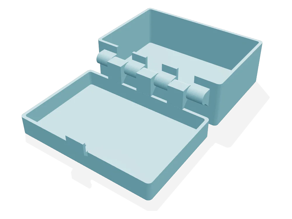 Print-in-place hinged box lying open with barrel knuckles and snap tab