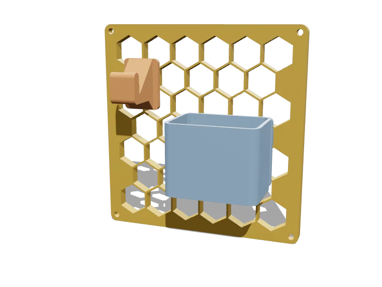 Honeycomb storage wall panel with a hook and tool cup clicked into the hex cells