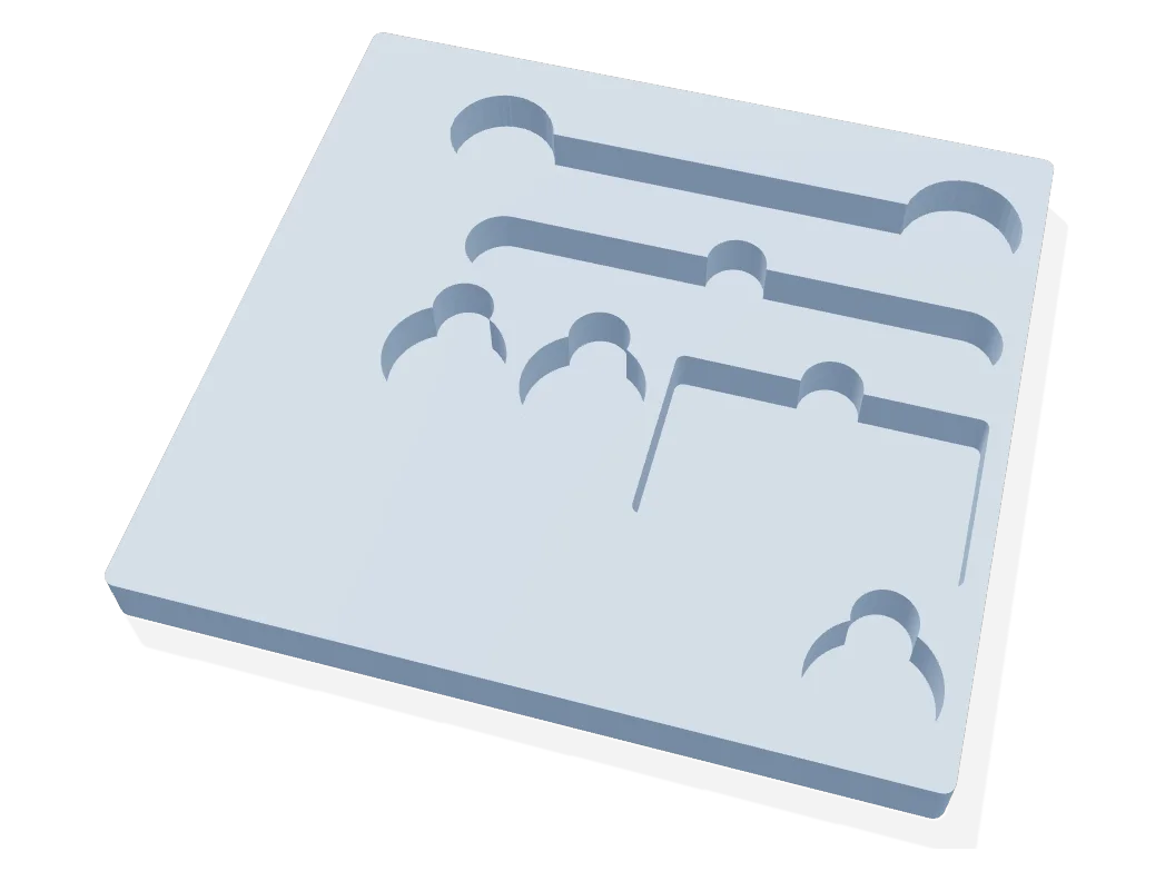 Case insert plate with a traced wrench pocket, slots and finger notches