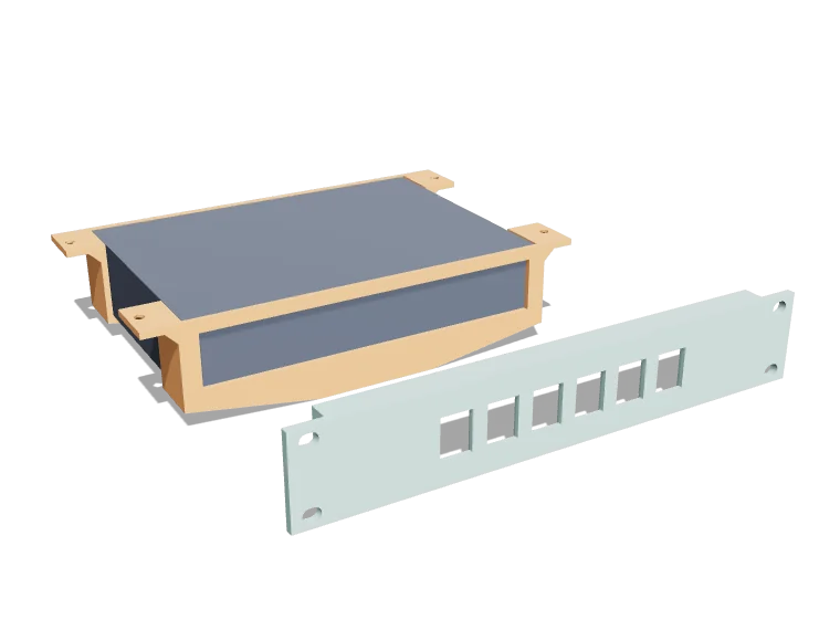 Two U-brackets holding a router, and a 10 inch rack panel with keystone ports