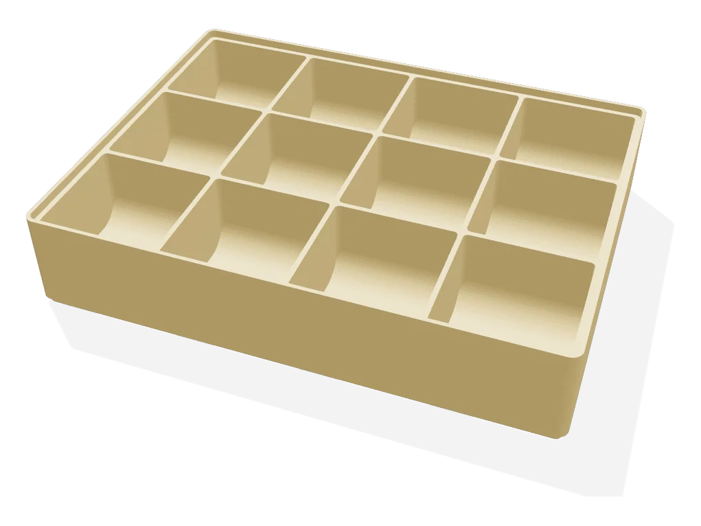 Sorting tray with twelve scooped compartments and a stacking rim