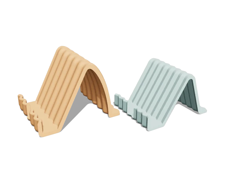 Phone and tablet stands: folded ribbon, curled arch and truss frame, smooth or rippled