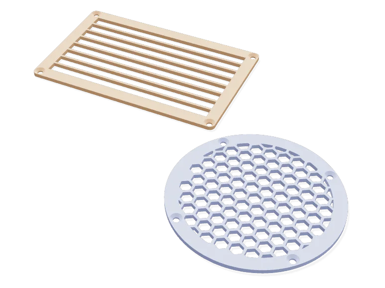 Slatted rectangular vent cover and round honeycomb fan grille